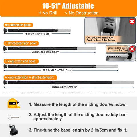 Sliding Door Security Bar Adjustable From 17 To 51 Inches Heavy Duty Interior Bar For Patio Doors And Windows Childproof Lock For Apartment And Bedroom Bottom Of Door Black Durable Steel Construction For Extra Safety And Peace Of Mind, showing different extension options and installation steps.