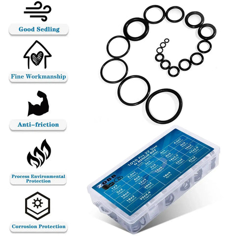 1010 Piece Rubber O Ring Kit With 22 Sizes Universal O Ring Set For Automotive Faucets Pressure Washers Plumbing Sealing Repair Oil Gas Air Applications Heat Resistant; includes storage case and size chart