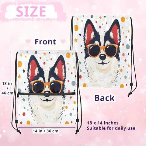 Cool Dog With Sunglasses Drawstring Bag For Men And Women showing front and back design, 18x14 inches, water-resistant polyester.