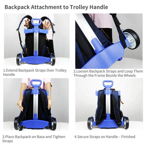 Instructional steps for attaching a backpack to an All Terrain Rolling Backpack Cart With Foldable Aluminum Trolley Adjustable Handle in blue.