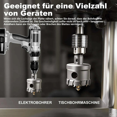 Upgrade Heavy Duty Carbide Hole Saw Kit with Titanium Plated Pilot Drills shown on drill and drill press