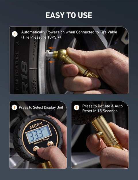 AstroAI tire pressure gauge connected to car tire valve with brass air chuck
AstroAI backlit digital tire pressure gauge displaying 33.3 PSI
AstroAI tire pressure gauge close-up of brass air bleed valve being pressed to deflate