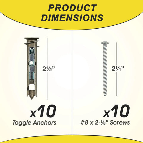 Self-Drilling Drywall Anchors And Screws Kit With Toggle Anchors And Zinc Plated Screws dimensions shown with 2.5-inch anchors and 2.25-inch screws.