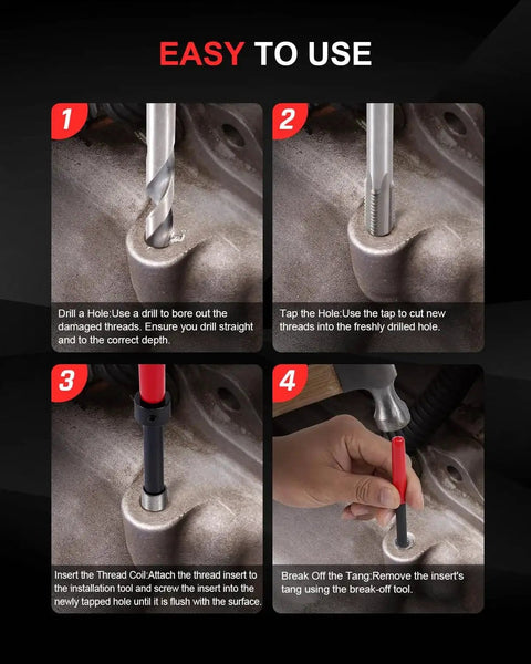 M10x1.0 Helicoil Thread Repair Kit With 10 Inserts, HSS Drill Bits, Taps, Hex Wrench And Break Off Tools instructions image