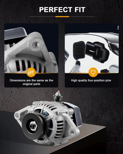 Drop-In Replacement Mini Alternator With Chrome Finish 12180-SEN And 1-2119-11ND Fits Toyota 5FD-23 1986-2007 VT1502 Kubota Diesel 12V 35 Amp CW V1 Pulley showing connectors and fit details.