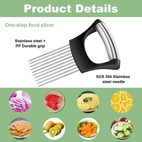 Stainless Steel Onion Holder And Slicer With Crinkle Cutter Multitool Kitchen Gadget With Ergonomic Handle on green background