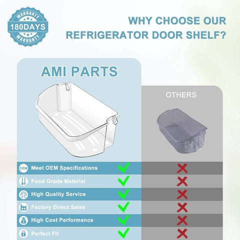 Comparison of AMI Parts Two Pack Upgraded 240356402 Refrigerator Door Bin Replacement highlighting specifications and benefits.