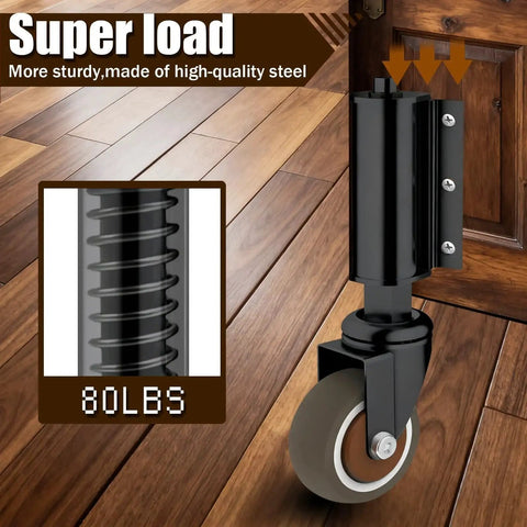 Gate Wheel 2 Inch For Wooden Gate With 80 Lbs Capacity And 360 Degree Rotation Spring Loaded Absorbing TPR Tire Durable Steel Construction Double Ball Bearings Includes Screws And Screwdriver, side view with spring and tire details