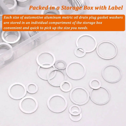580 Piece Aluminum Oil Drain Plug Washer Set for Your Ride and More, 18 Sizes From M6 To M24, washers displayed on surface