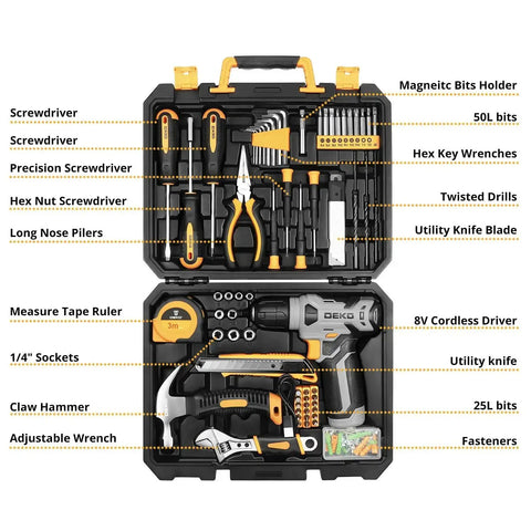 126 Piece DIY Tool Kit With 8V Cordless Drill, Handy Tool Box Set For Home Repair And Handyman Projects, tools inside case