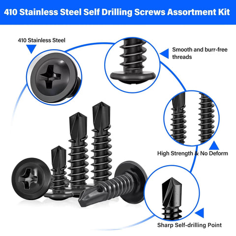450-piece black stainless self-drilling screws set, #8/#10, 1/2–1-1/4 in, truss head, Bearings Canada