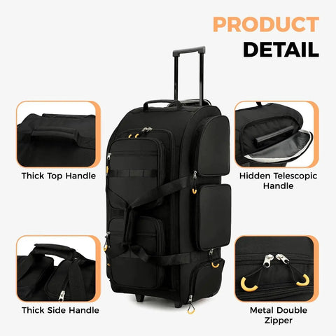 Large 90L Rolling Duffle Bag With Wheels And Telescoping Handle For Travel And Weekend Getaways, black with hidden pockets and sturdy handles