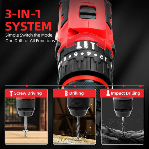 Close-up of 21V Max Cordless Drill Driver Kit showcasing 3-in-1 modes: Screw Driving, Drilling, Impact Drilling, red design