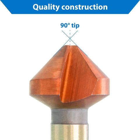 Close-up of a 90-degree chamfer bit from All In One Countersink Set 6 Pc 90 Degree Chamfer Bits For Fast Metal Wood Plastic Work, HSS 4241 coated.