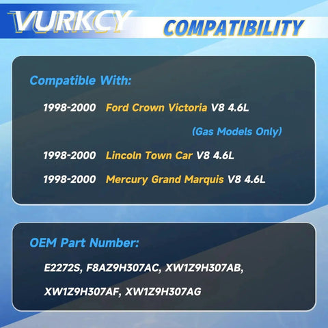 Compatibility chart for Electric Fuel Pump Module Assembly With Sending Unit For 1998-2000 Ford Crown Victoria, Lincoln Town Car, Mercury Grand Marquis V8 4.6L Replacement E2272S Compatible In Tank Fuel Pump Kit For Smooth Starts And Reliable Fuel Delivery
