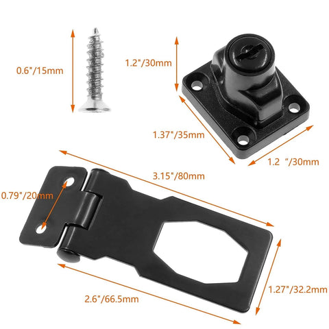 Two Pack 2.5 Inch Hasp Lock With Keys Flat Black Stainless Steel Cabinet Latch Concealed Screws Twist Knob Keyed Locking