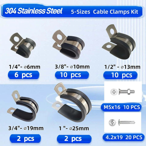 Amazon HOLADAWN 60 Pcs cable clamps kit, 304 stainless steel with rubber cushion, 5 sizes 1/4"–1"