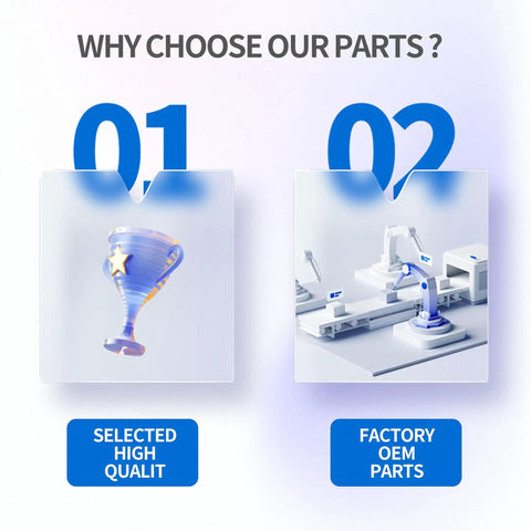Two images comparing selected high-quality parts and factory OEM parts, with trophy and factory illustrations.