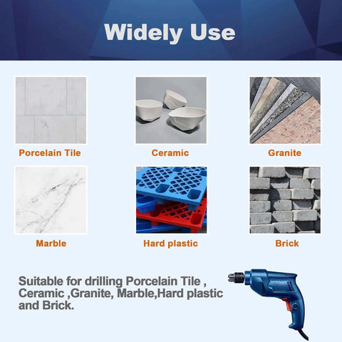 Image showing materials suitable for Pro Grade Ten Piece Heavy Duty Diamond Hole Saw Core Drill Bit Set: Porcelain, Ceramic, Granite, Marble, Brick.