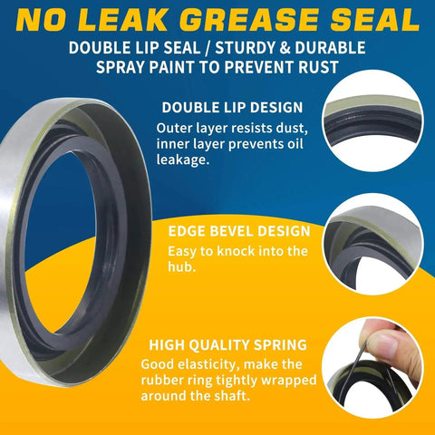 No leak grease seal for trailer hub bearings kit for 3500 lb axles showing double lip design and high-quality spring features.