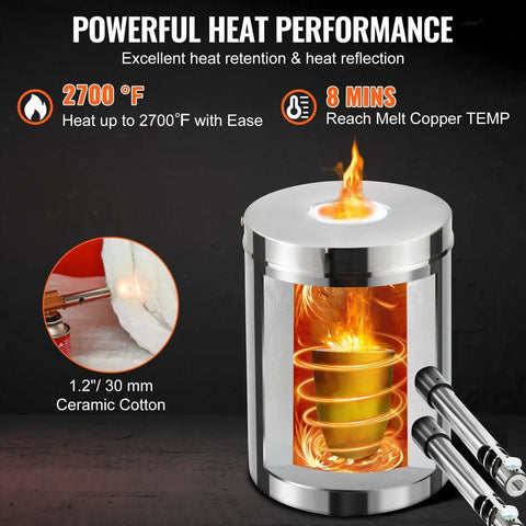 Large Capacity Propane Melting Furnace Kit For Foundry And Blacksmithing With Two In One Melting And Forging Function 12Kg Smelting Forge With Crucible And Tongs Stainless Steel Smelter For Metal Scrap Recycle Gold Copper Silver Casting VEVOR showing open view with visible flame inside.