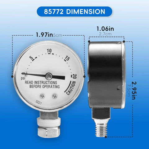 Pressure cooker gauge 85772, front and side views; silver dial with 0–20 psi for Presto pressure canners