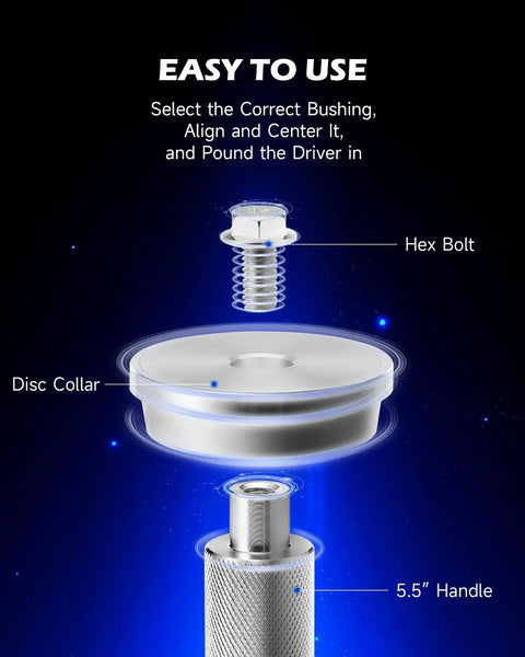 Diagram of 2 In 1 Bearing Press And Hub Seal Installer Kit for Trucks showing hex bolt, disc collar, and 5.5" handle.