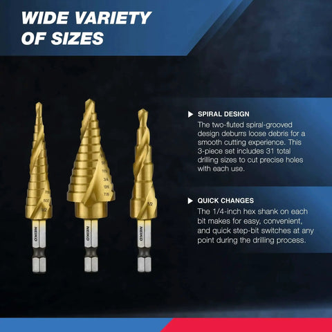 Pro Grade Step Drill Bit Set 3 Piece With 31 Sizes For Stainless Steel Metal Wood Plastic Spiral Grooved For Faster Drilling Titanium Nitride Coated High Speed Steel NEIKO