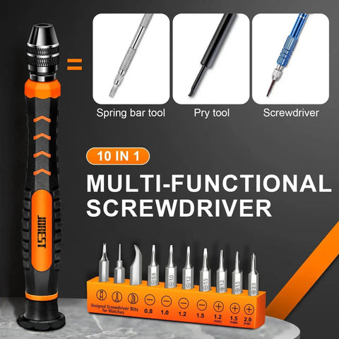 Multi-functional screwdriver set with adjustable handle and multiple bits, part of All In One Watch Repair Kit Pro Grade Gear.