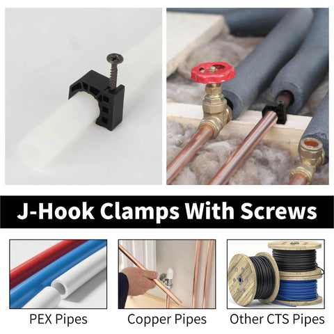 50-pack J-Hook clamps with screws, 1/2 inch, black plastic for PEX and copper tubing