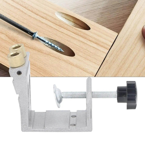 Adjustable Pocket Hole Jig Set With Inclined Punch Locator And Aluminum Alloy Drilling Guide Kit shown in use for furniture assembly