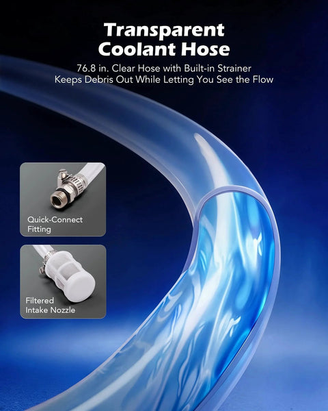 No Mess Vacuum Coolant Refill Kit For Radiators With Leak Detector Dual Gauge And Five Round Adapters Plus One Conical Adapter For Quick Spill Free Cooling System Fill Orion Motor Tech showing transparent coolant hose with quick-connect fitting and filtered intake nozzle.