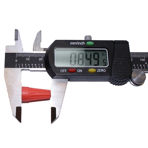 Digital caliper measuring a red insulated wire splice connector; reads 0.0495 in.