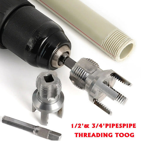 3 Piece PVC Pipe Threader Kit NPT Sizes One Half Inch Three Quarter Inch And One Inch Dual Function Internal And External Threading Tool Compatible With Electric Drill For PVC PPR And MPP Pipes shown with electric drill and pipe