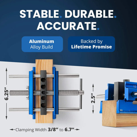 Front and side view of Self Centering Dowel Jig With Elongated Jaws And Extra Wide Clamp For Fast Accurate Woodworking