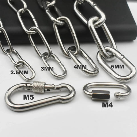 304 Stainless Steel Chain 1/8 Inch By 5 Feet With Welded Closed Links And Locking Carabiners displayed in multiple thicknesses