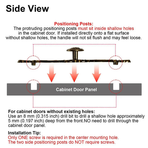 Side view of vintage bronze patina finish cabinet hardware showing positioning posts for 6.3 inch spacing installation instructions.