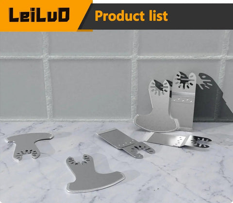 Pro Grade Diamond Oscillating Multi Tool Blades Kit For Grout Removal Six Piece Set displayed on tile surface