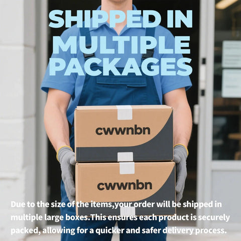 Person holding stacked boxes labeled 'cwwnbn' in front of a building with 'Shipped in Multiple Packages' text overlay
