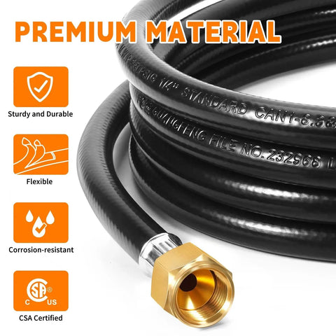 Close-up of premium hose from Two Stage Propane Regulator With 5 Foot Hose And Gauge For RVs Camp Stoves Gas Grills And Heaters