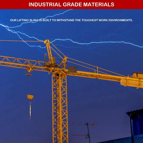 Side view of a yellow tower crane with hanging hook against a blue sky with lightning.