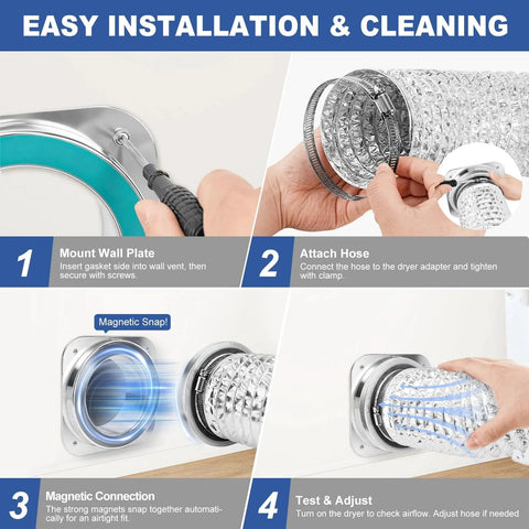 Magnetic Dryer Vent Coupling With Quick Snap On Connection Self Aligning Magnets Airtight Seal And Easy Cleaning Includes 2.9ft 4 Inch Duct And 2 Clamps For Fast No Fuss Installation shown in four-step installation guide.