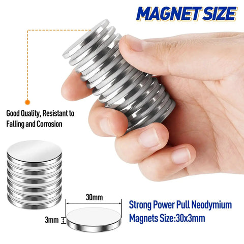 8-pack silver neodymium disc magnets with adhesive backing, 30x3mm, held in hand