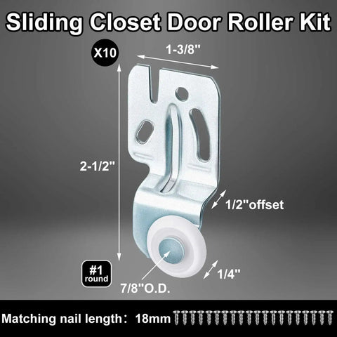 Sliding Closet Door Roller Hardware Kit 10 Pcs Replacement For Top Hung Bypass Wardrobe Doors Seven Eighths Inch Diameter Rollers With About One Half Inch Offset Precise Fit Durable Metal Components For Smooth Operation shown in detail.