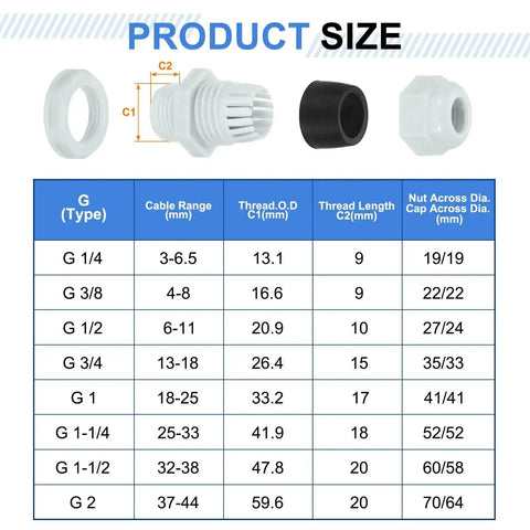 Five Piece G Half Inch Nylon Cable Glands Waterproof Cord Grip Connector With Adjustable Six To Eleven Millimeter Wire Grommet Protectors Includes Gaskets And Locknut For Junction Box Gray product dimensions and size chart