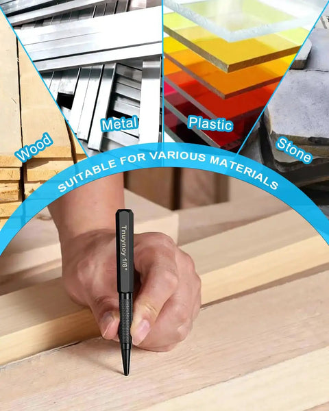 Hand using 4-Piece Nail Punch And Center Punch Set with hardened Cr-V steel on wood, suitable for metal, plastic, stone.