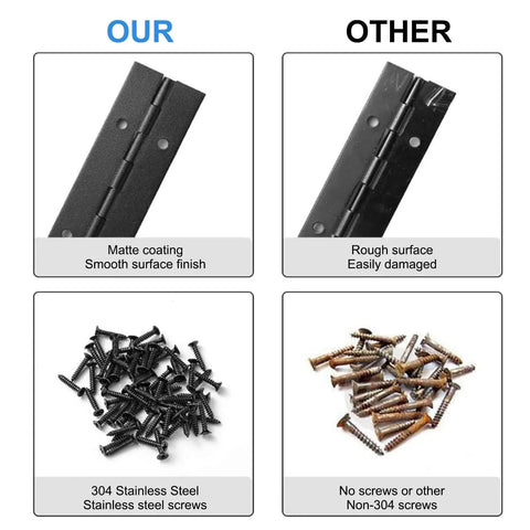 Comparison of Two Pack 12 Inch Piano Hinges In Stainless Steel Black Heavy Duty for durability and screw quality