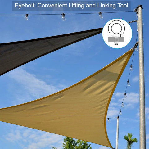 Six Pack 1/4-20 UNC Lifting Eye Bolts Set installed on a pole, securing sunshade sails, 316 stainless marine grade, outdoor use