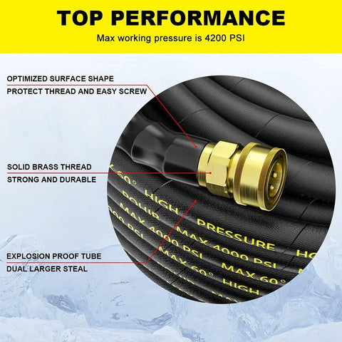 POHIR power washer hose, 100 ft, 3/8 inch quick-connect, brass fittings, wire braided, 4200 PSI