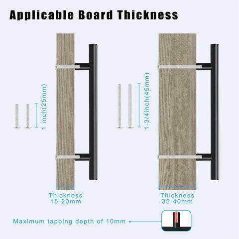 6 Pack Black T Bar Drawer Pulls with different board thickness and screw length options shown, fits 15-40mm boards